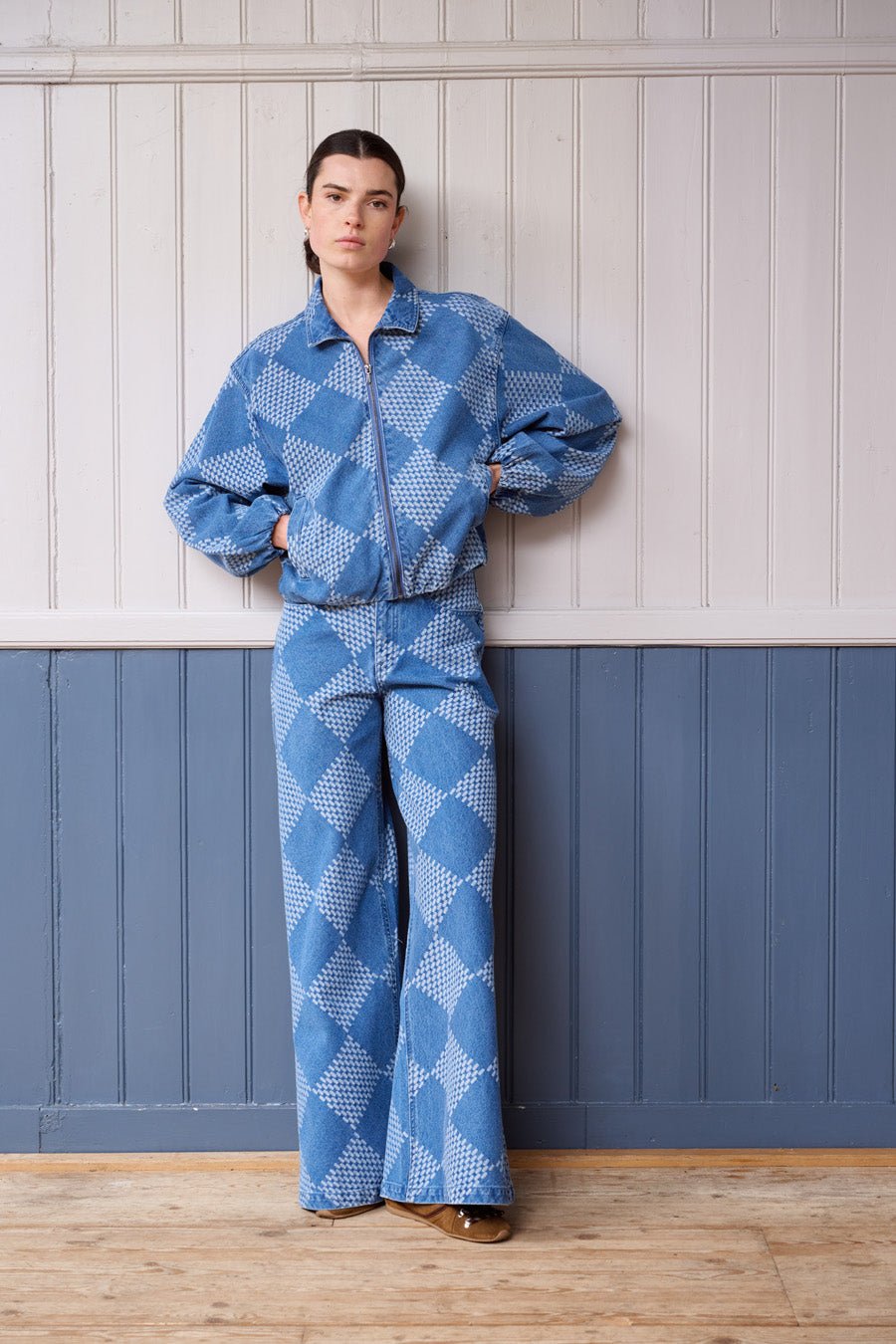 Lorraine denim jacket & Moore denim wide check pants - Another-Label